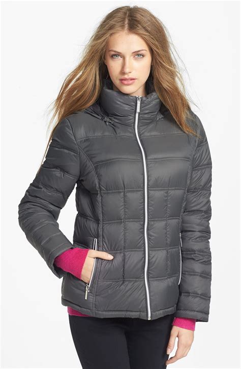 michael kors packable down jacket grey|Michael Kors shiny puffer jacket.